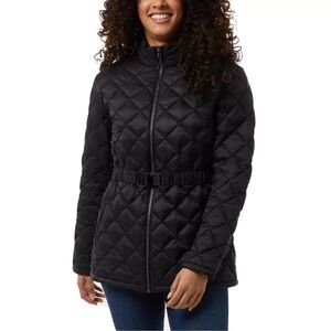 NEW 32 Degrees Women’s Diamond Quilt Belted Puffer Mock Neck Black Jacket Size L